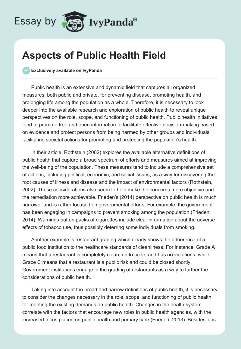 Aspects of Public Health Field. Page 1