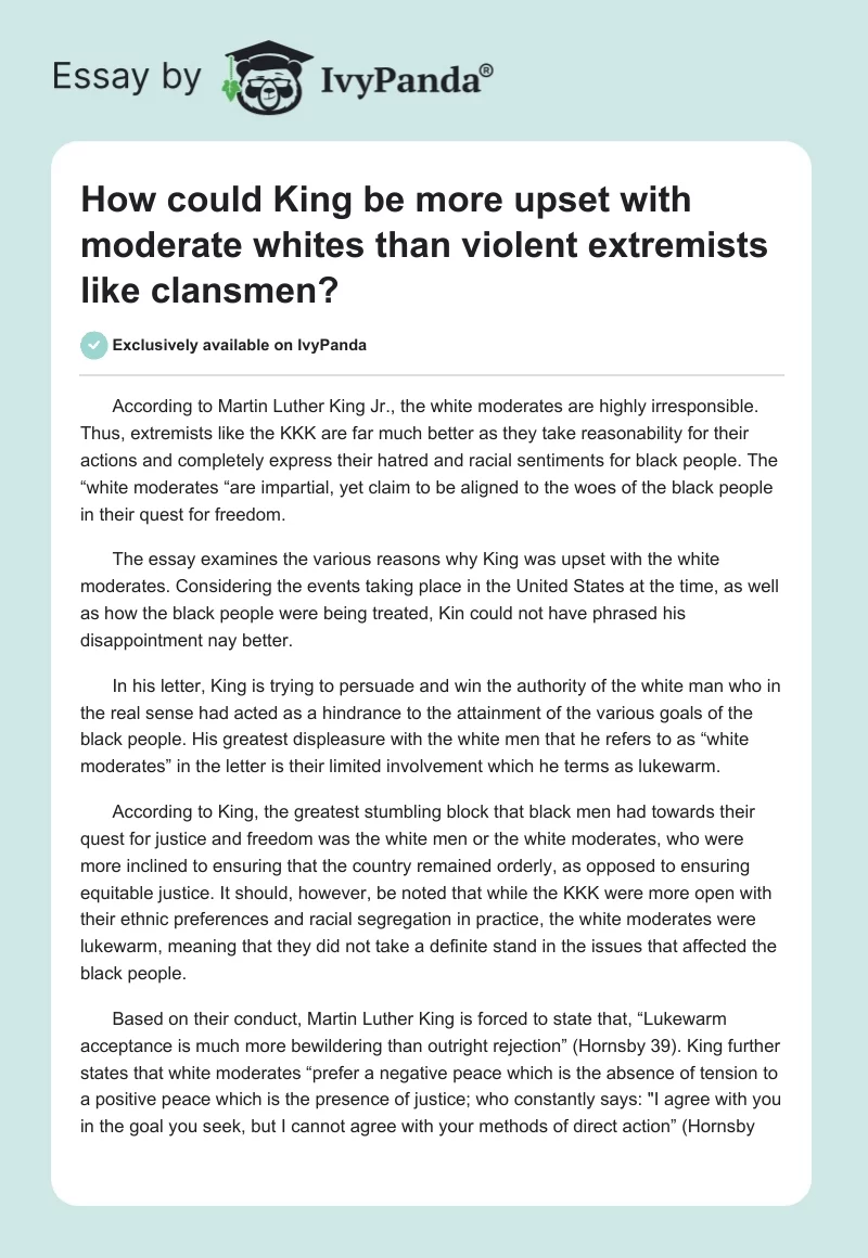 How could King be more upset with moderate whites than violent extremists like clansmen?. Page 1