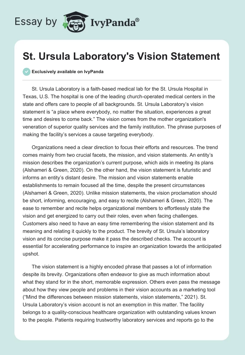 St. Ursula Laboratory's Vision Statement. Page 1