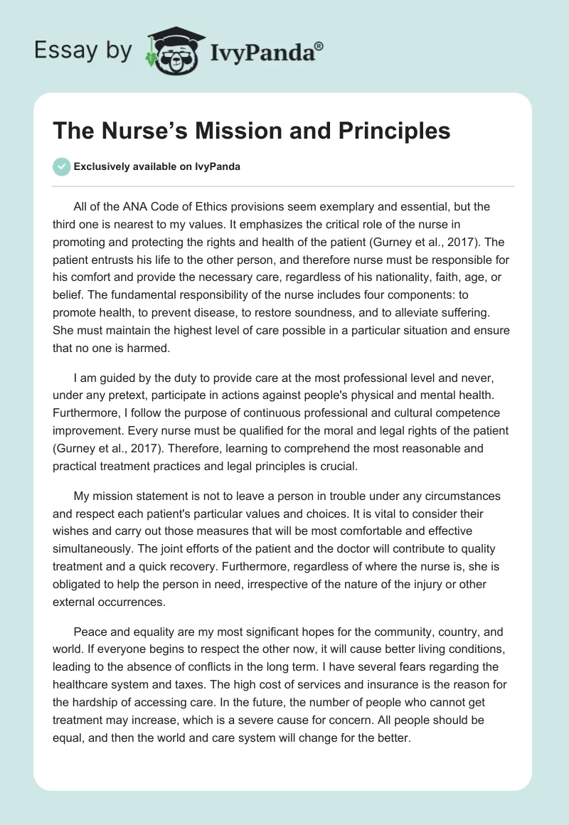 The Nurse’s Mission and Principles. Page 1