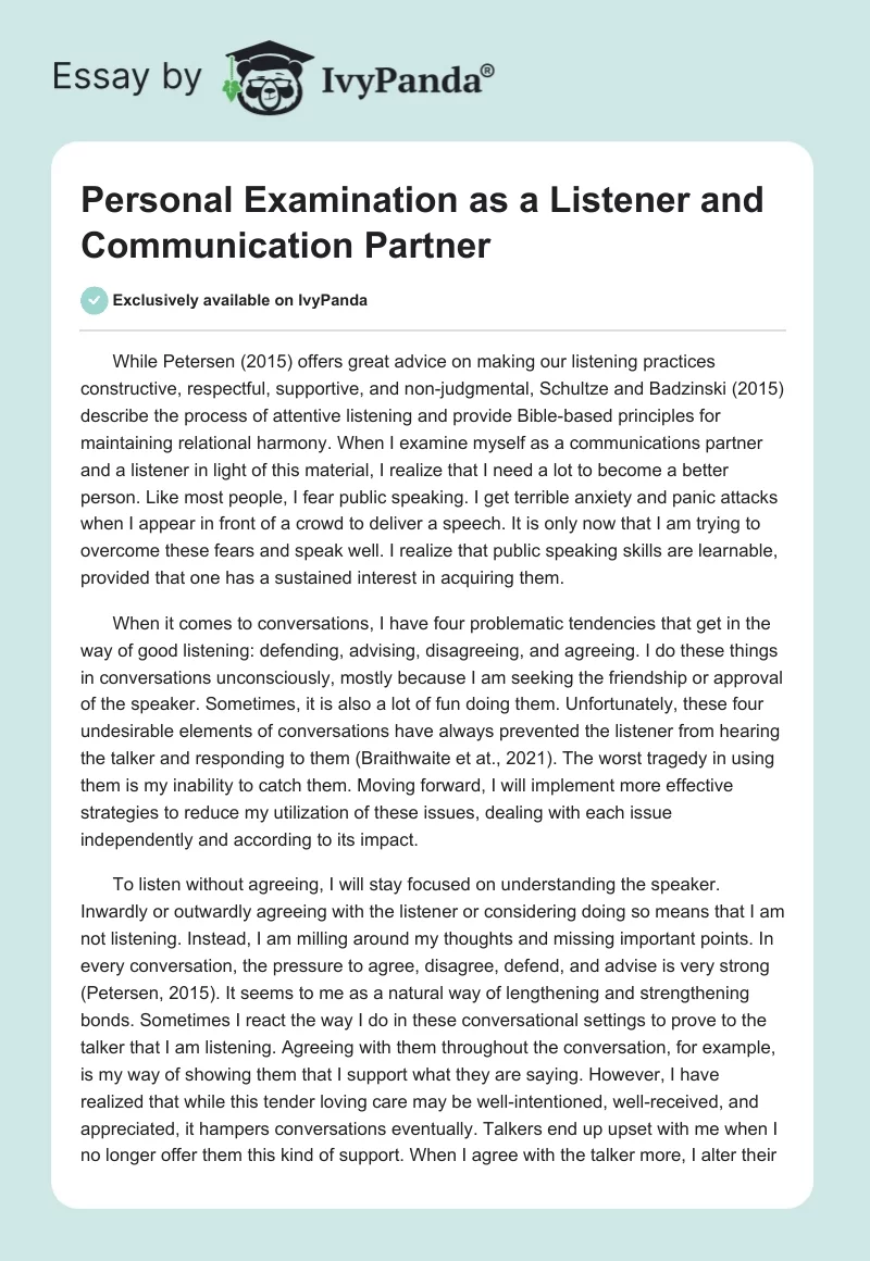 Personal Examination as a Listener and Communication Partner. Page 1