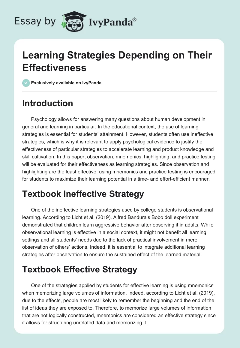 Learning Strategies Depending on Their Effectiveness. Page 1
