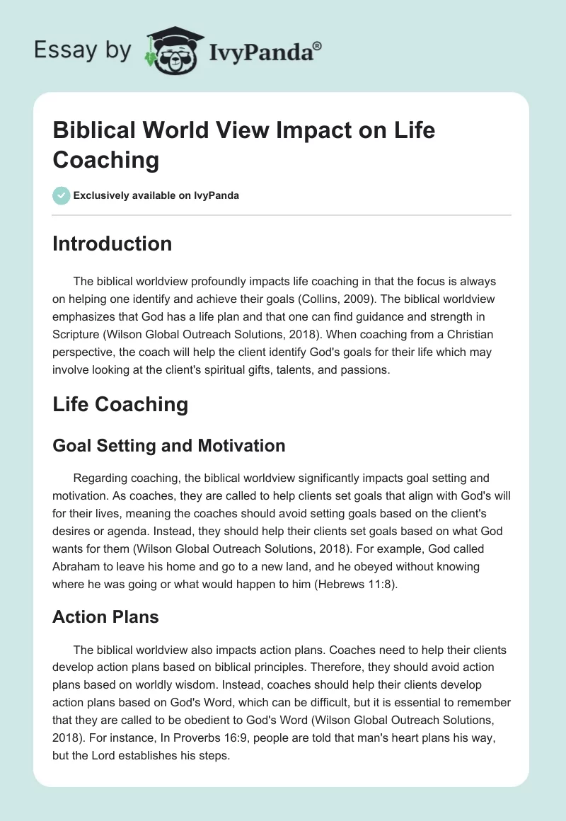 Biblical World View Impact on Life Coaching. Page 1