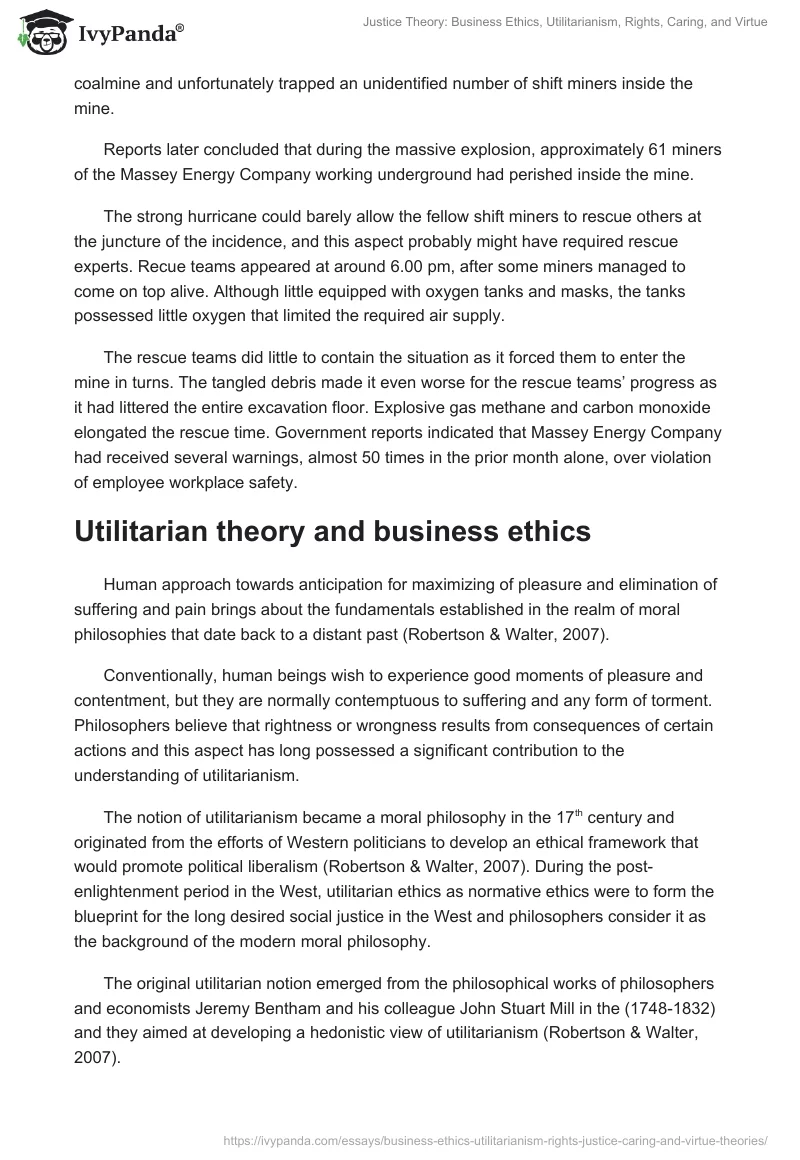 Justice Theory: Business Ethics, Utilitarianism, Rights, Caring, and Virtue. Page 2