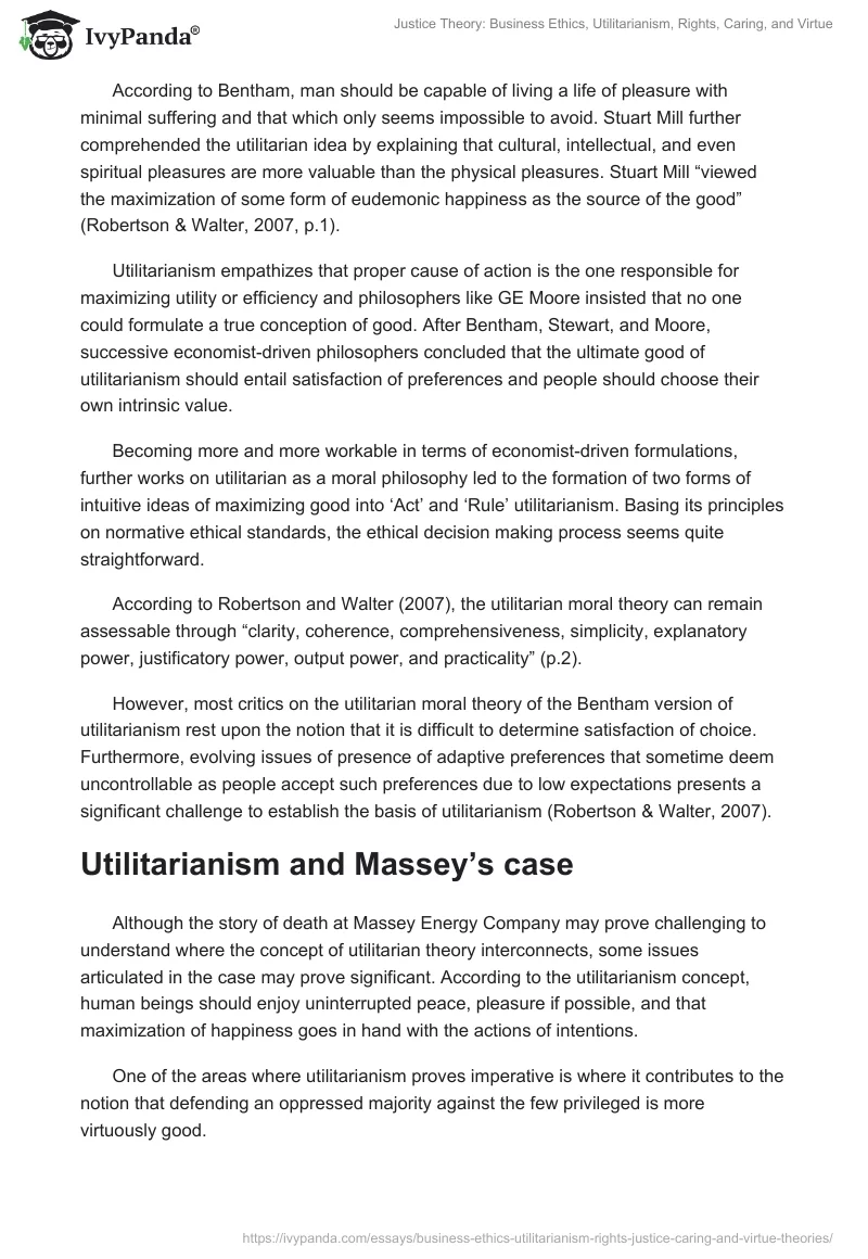 Justice Theory: Business Ethics, Utilitarianism, Rights, Caring, and Virtue. Page 3