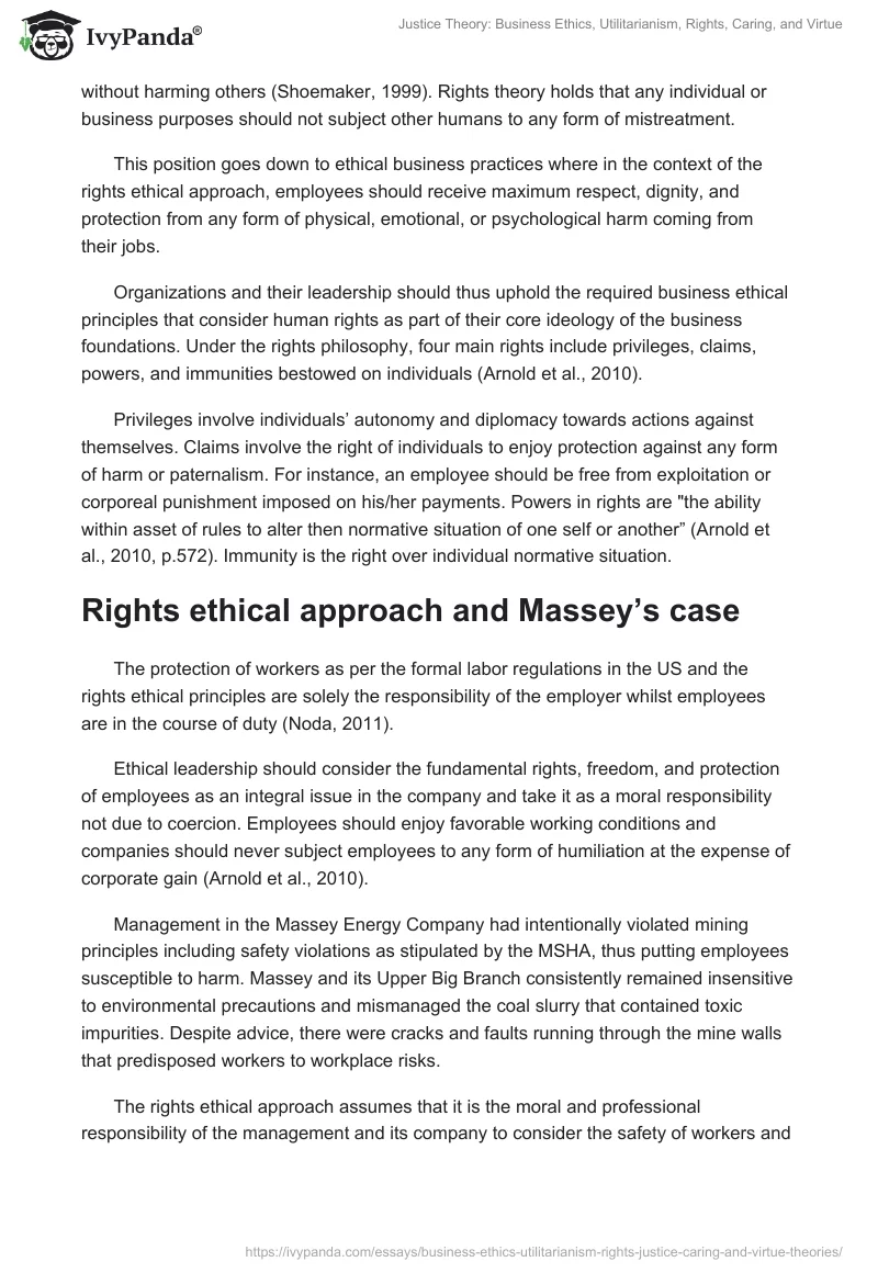 Justice Theory: Business Ethics, Utilitarianism, Rights, Caring, and Virtue. Page 5