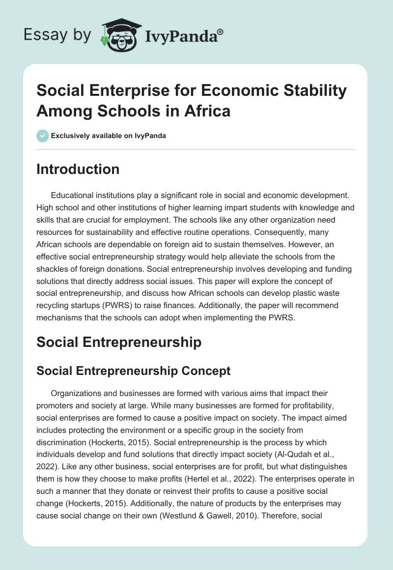 Social Enterprise for Economic Stability Among Schools in Africa. Page 1