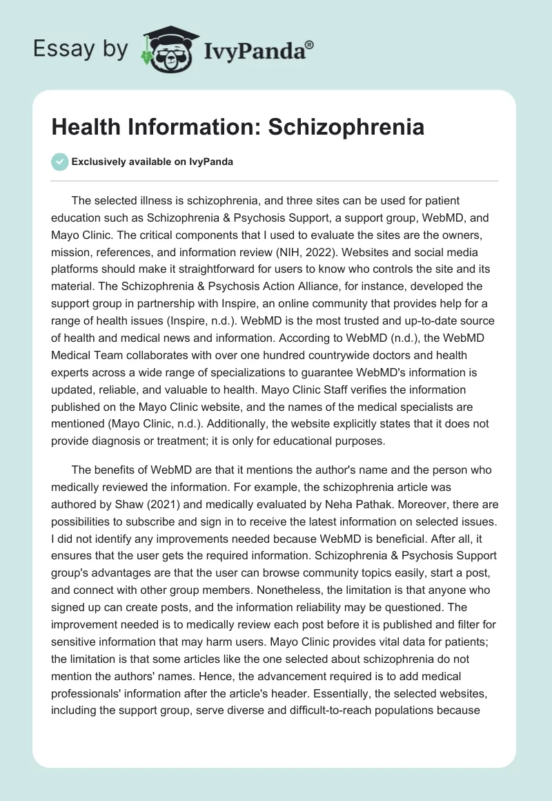 Health Information: Schizophrenia. Page 1