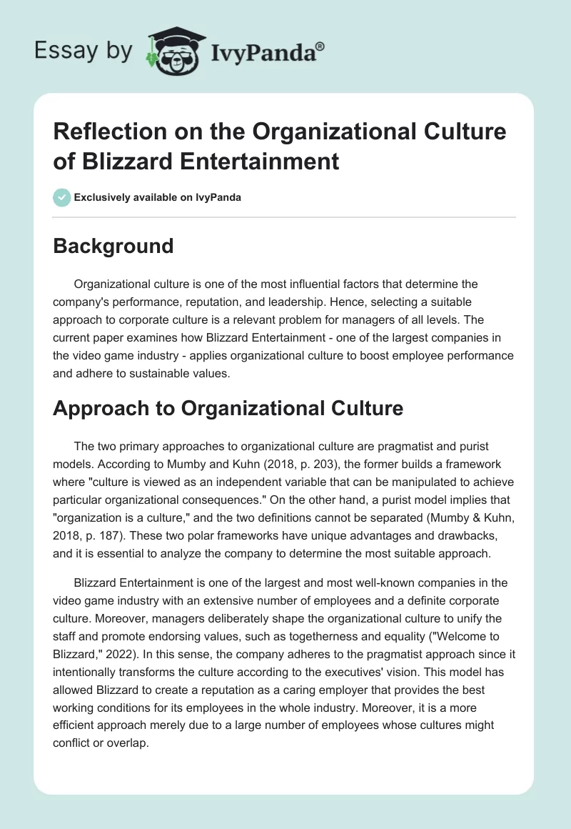 Reflection on the Organizational Culture of Blizzard Entertainment. Page 1
