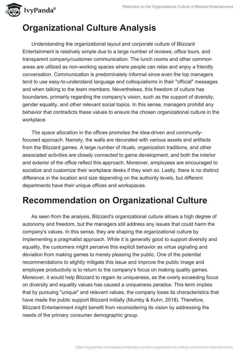 Reflection on the Organizational Culture of Blizzard Entertainment. Page 2