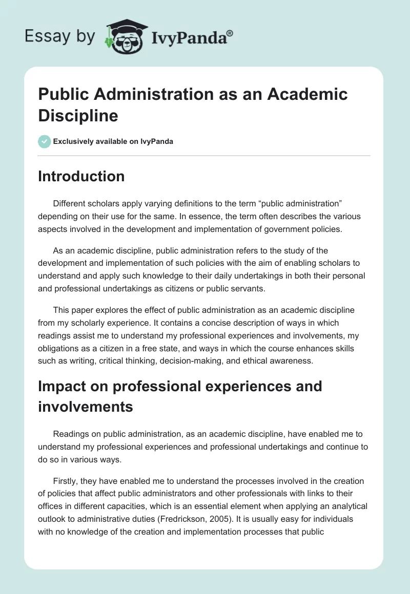 Public Administration as an Academic Discipline. Page 1