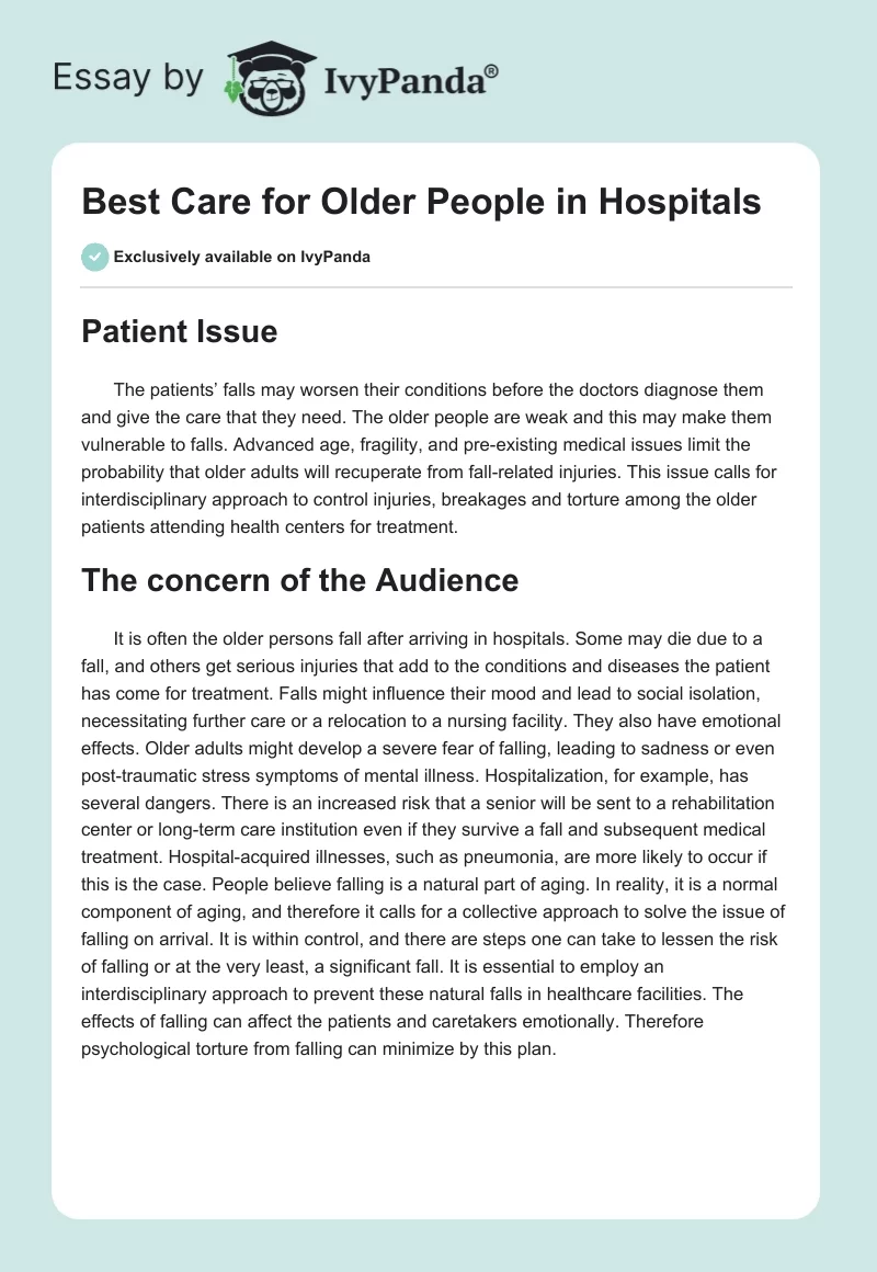 Best Care for Older People in Hospitals. Page 1