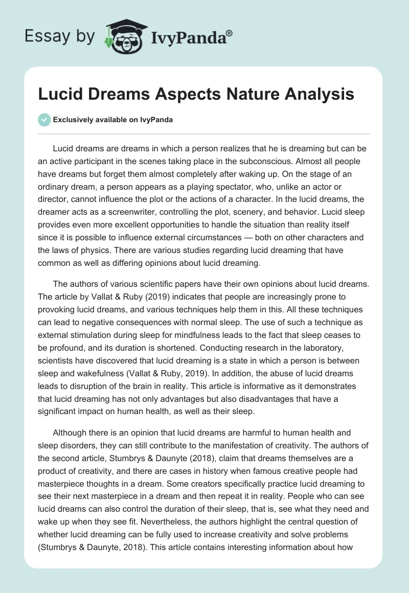 Lucid Dreams Aspects Nature Analysis. Page 1