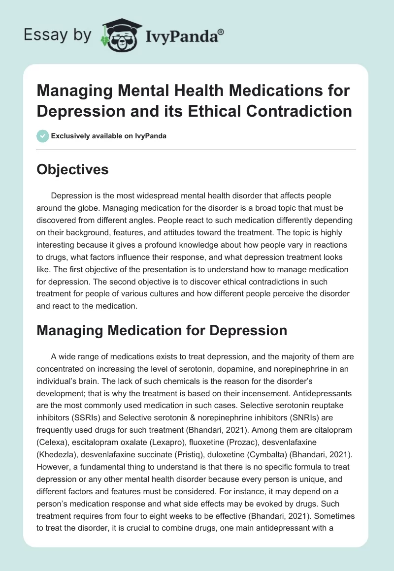 Managing Mental Health Medications for Depression and its Ethical Contradiction. Page 1