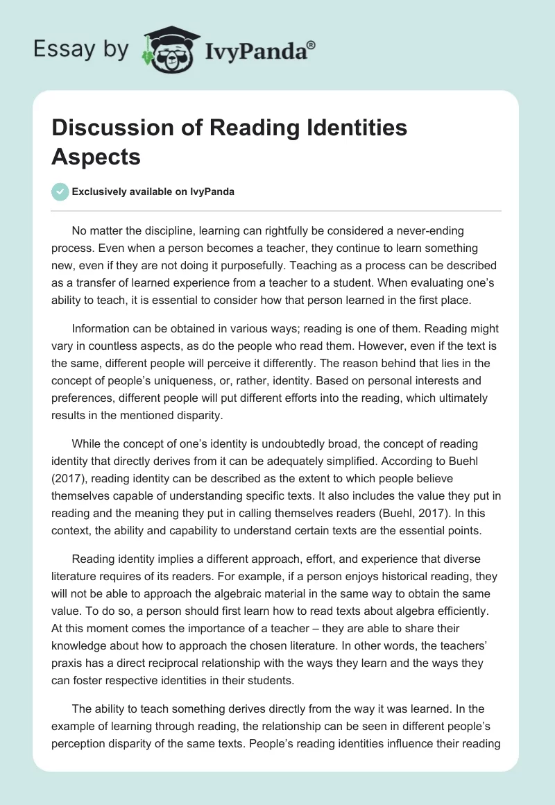 Discussion of Reading Identities Aspects. Page 1