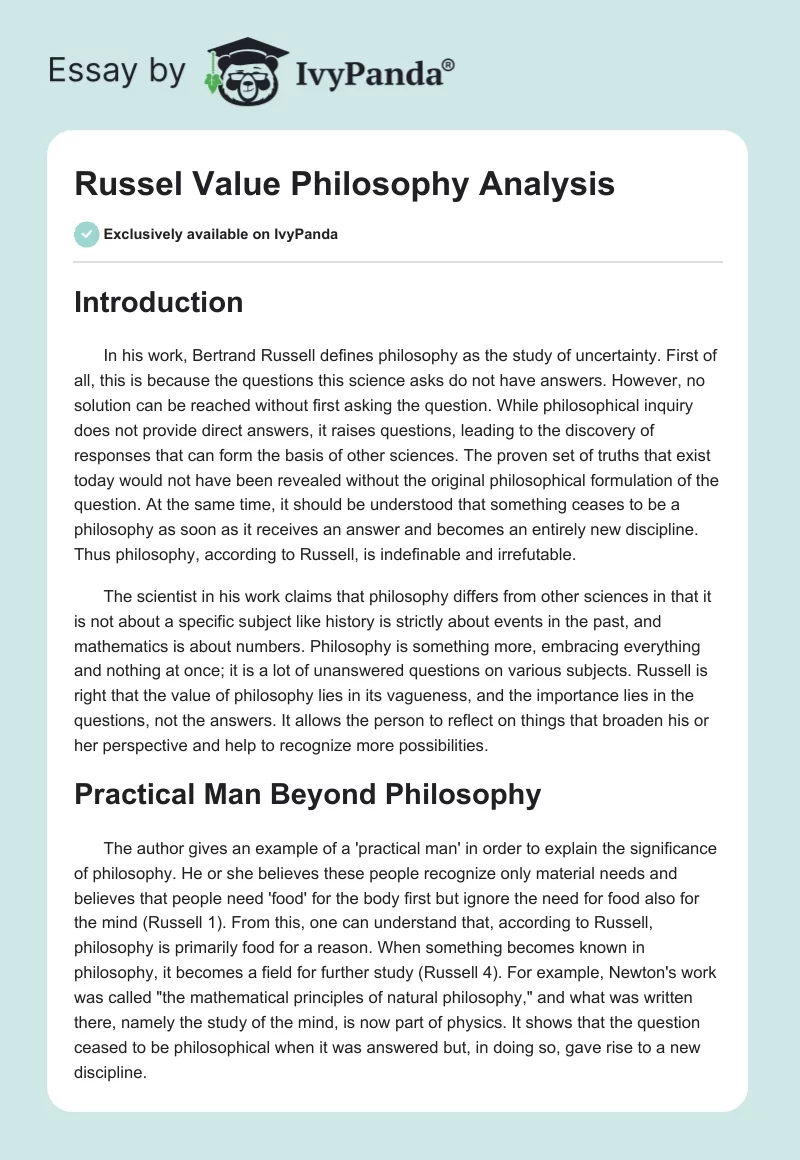 Russel Value Philosophy Analysis. Page 1