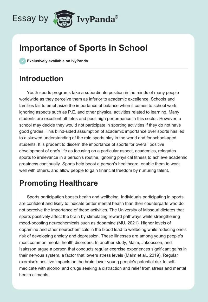 Importance of Sports in School. Page 1