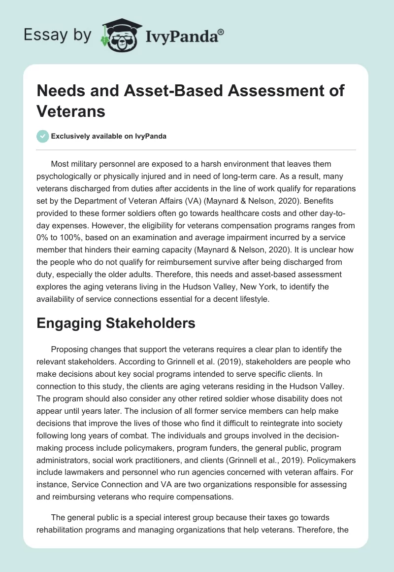 Needs and Asset-Based Assessment of Veterans. Page 1