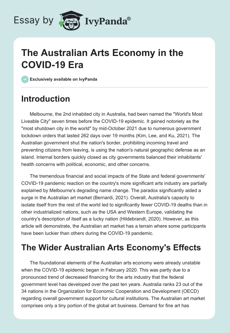 The Australian Arts Economy in the COVID-19 Era. Page 1