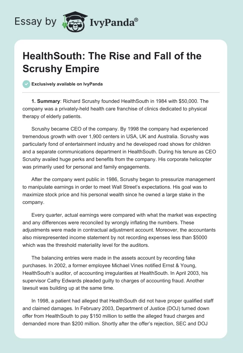 HealthSouth: The Rise and Fall of the Scrushy Empire. Page 1