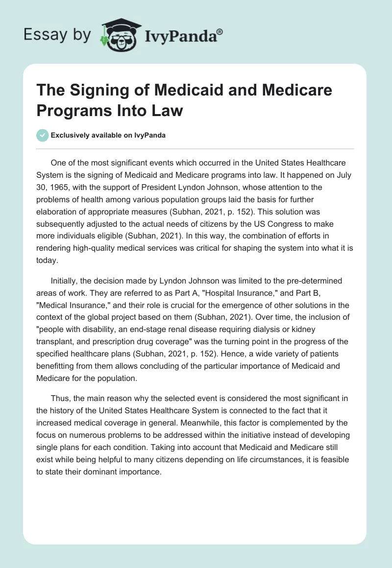 The Signing of Medicaid and Medicare Programs Into Law. Page 1