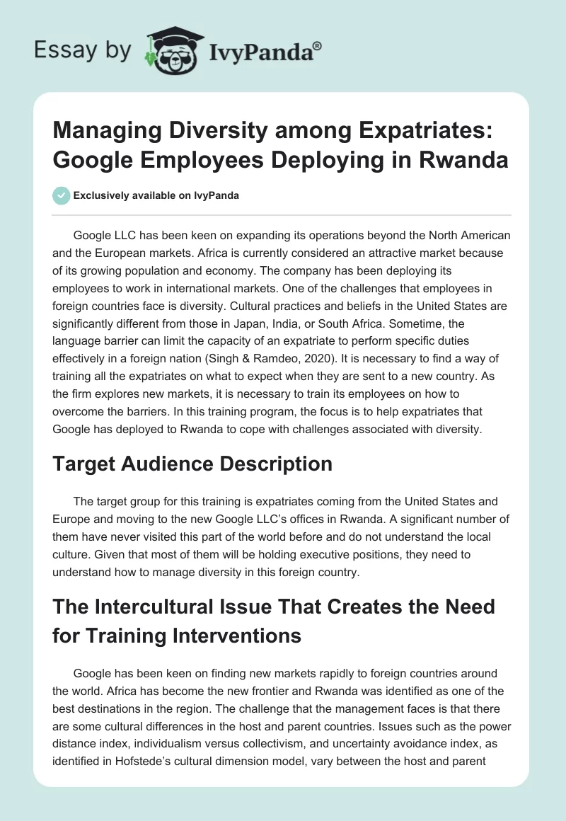 Managing Diversity among Expatriates: Google Employees Deploying in Rwanda. Page 1