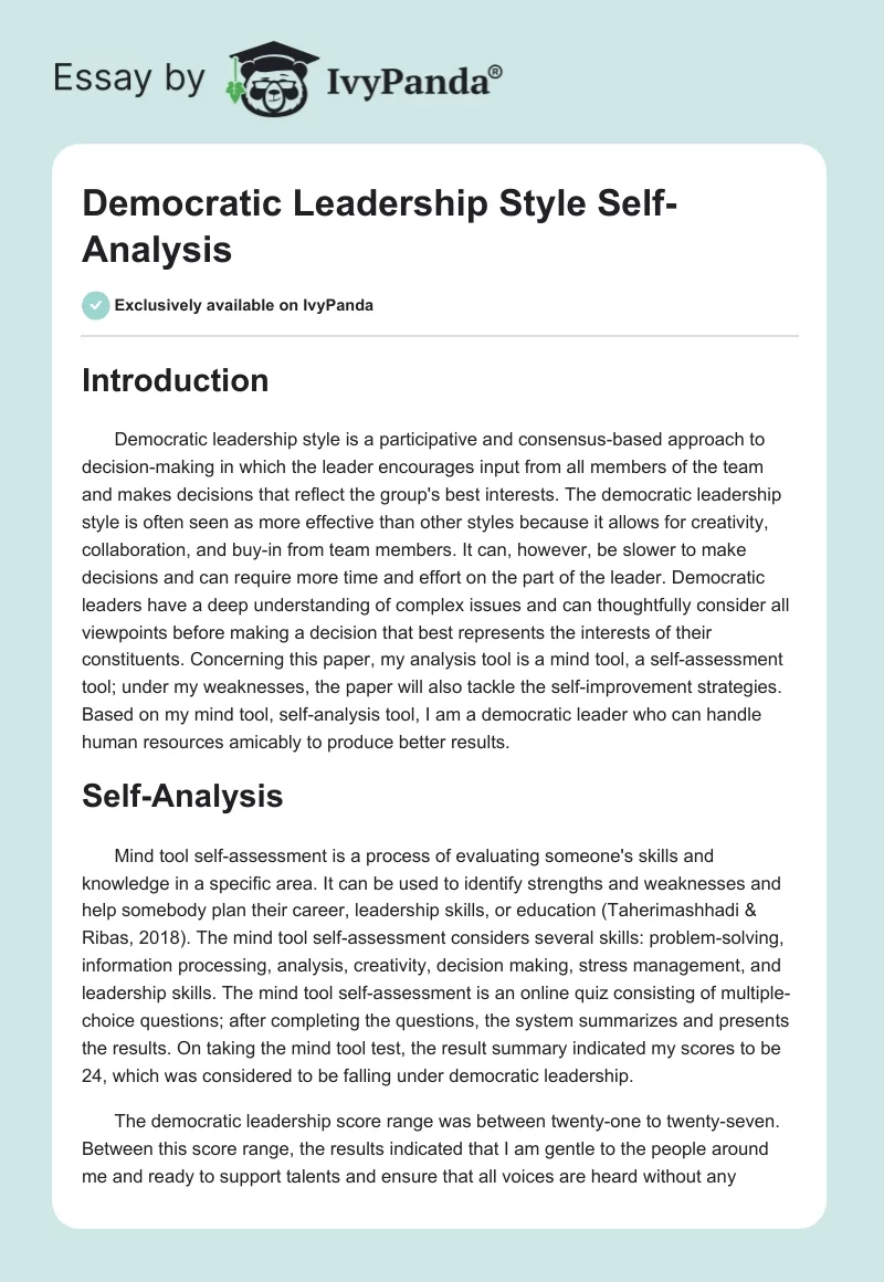 Democratic Leadership Style Self-Analysis. Page 1