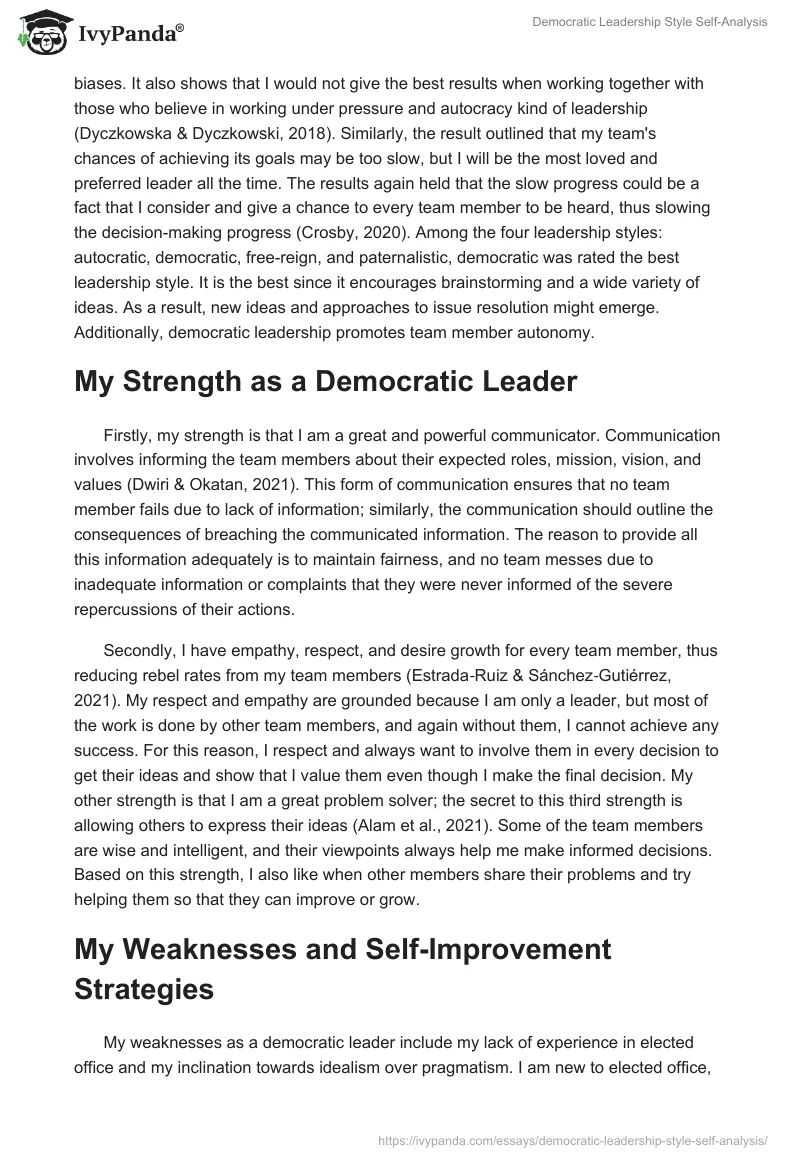 Democratic Leadership Style Self-Analysis. Page 2