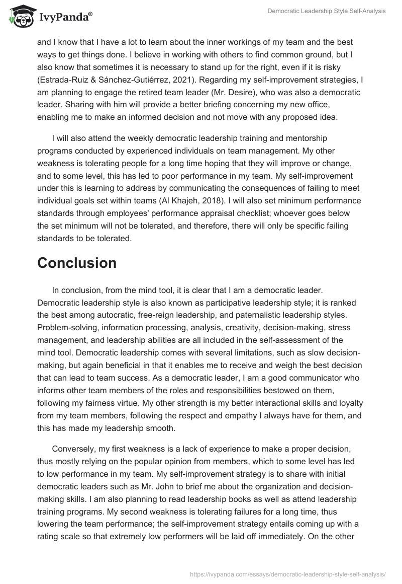 Democratic Leadership Style Self-Analysis. Page 3