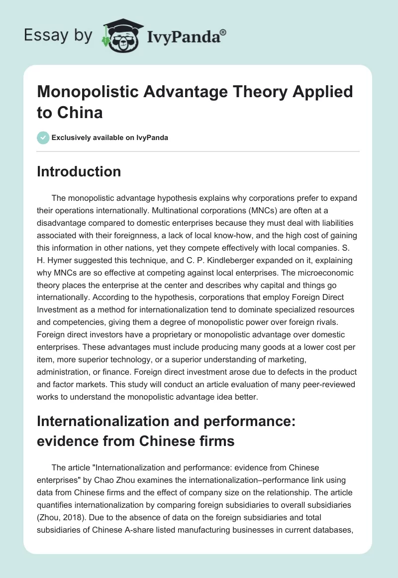 Monopolistic Advantage Theory Applied to China. Page 1