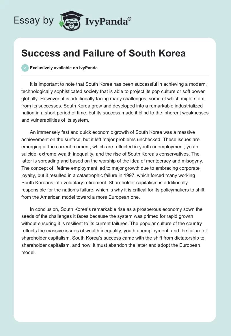 Success and Failure of South Korea. Page 1