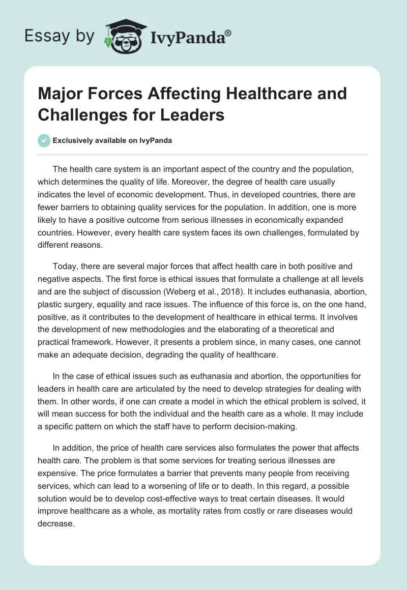 Major Forces Affecting Healthcare and Challenges for Leaders. Page 1