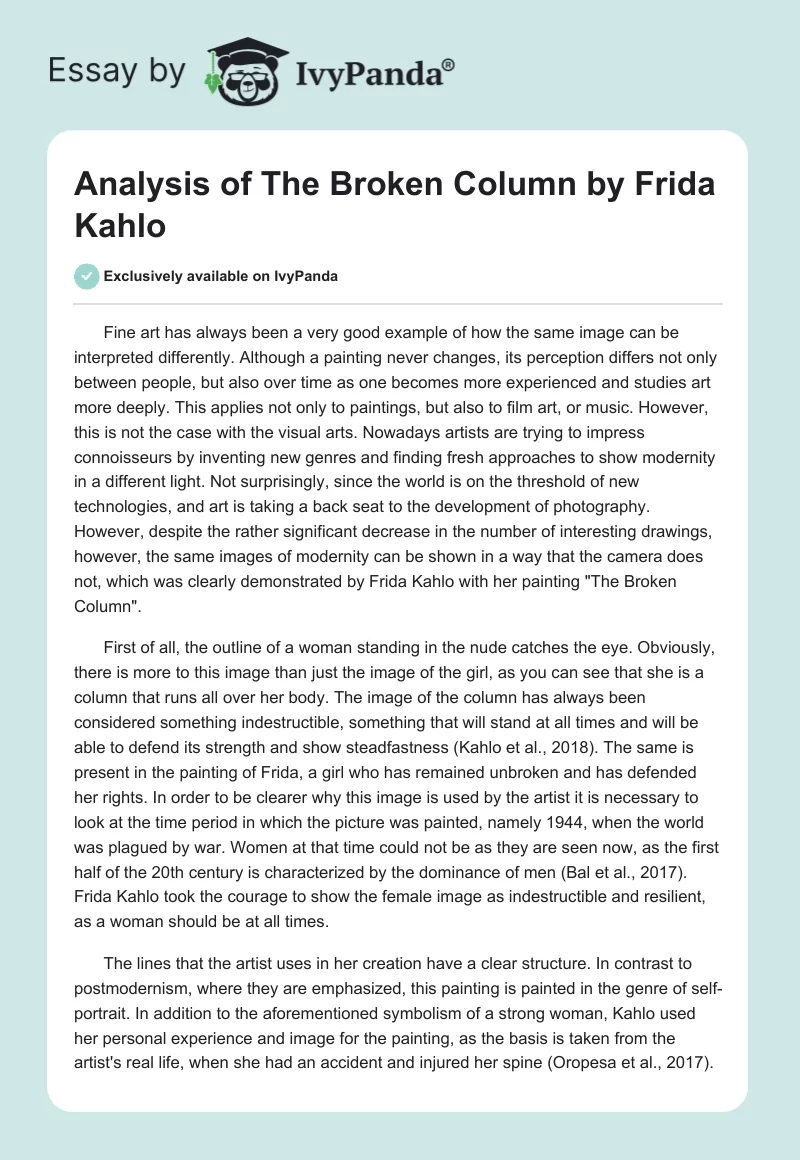 Analysis of "The Broken Column" by Frida Kahlo. Page 1