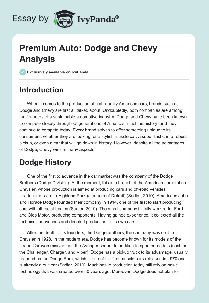 Premium Auto: Dodge and Chevy Analysis. Page 1