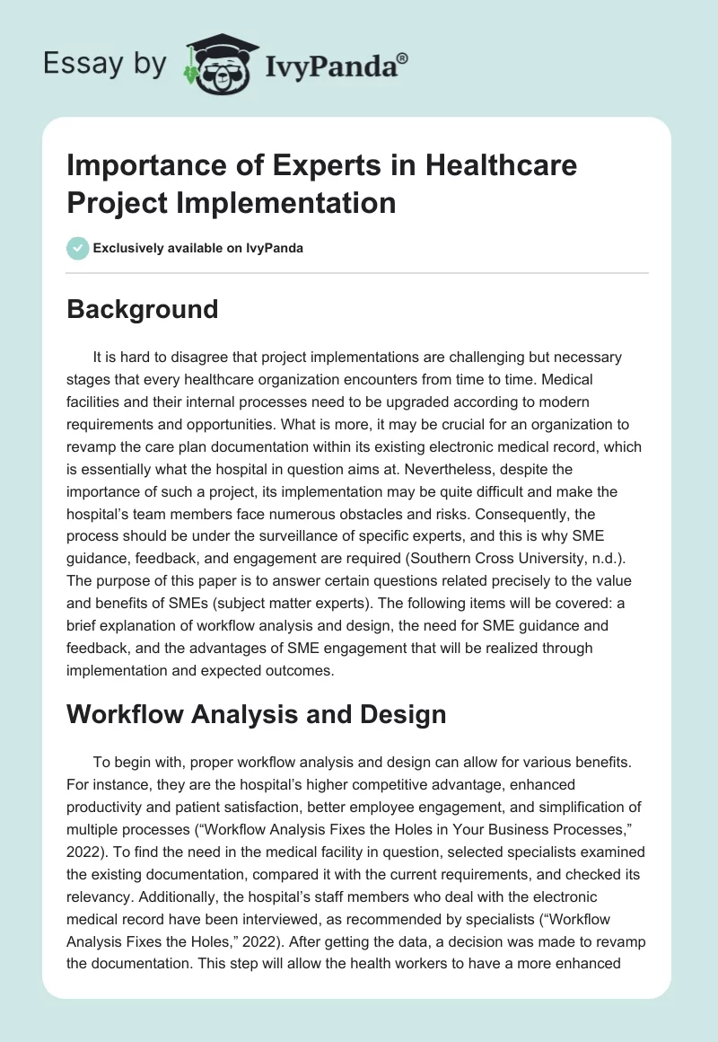 Importance of Experts in Healthcare Project Implementation. Page 1