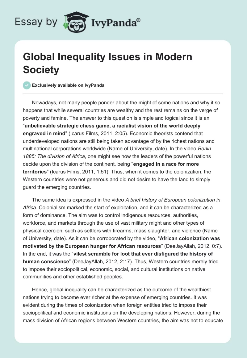 Global Inequality Issues in Modern Society. Page 1