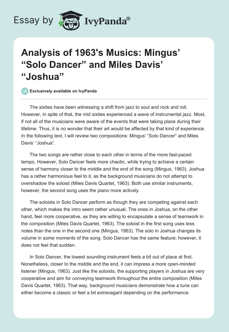 Analysis of 1963's Musics: Mingus’ “Solo Dancer” and Miles Davis’ “Joshua”. Page 1