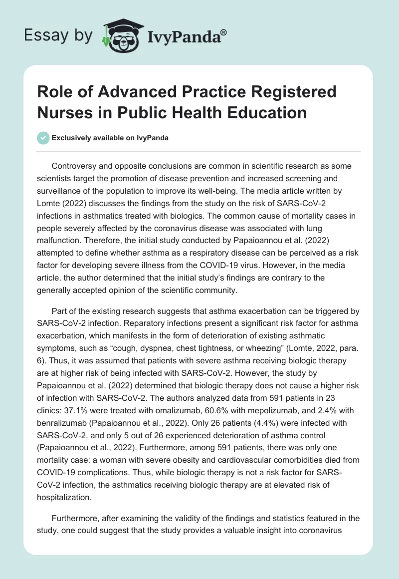 Role of Advanced Practice Registered Nurses in Public Health Education. Page 1