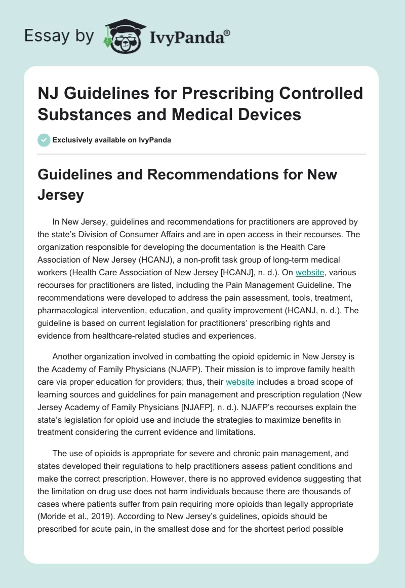 NJ Guidelines for Prescribing Controlled Substances and Medical Devices. Page 1
