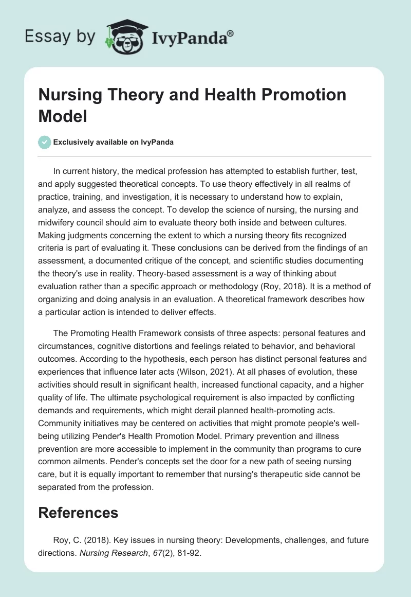 Nursing Theory and Health Promotion Model. Page 1