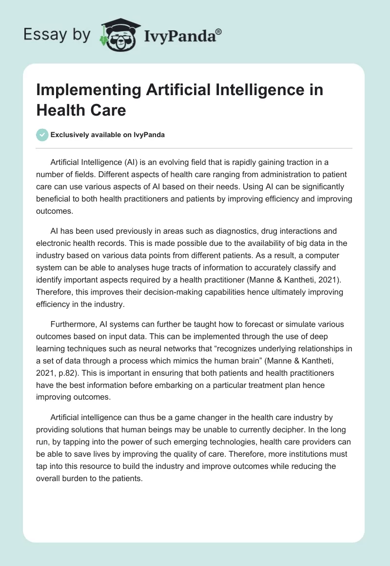 Implementing Artificial Intelligence in Health Care. Page 1