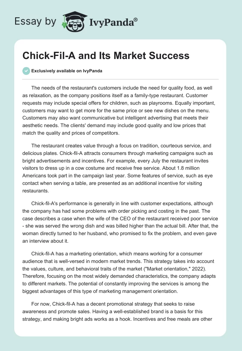 Chick-Fil-A and Its Market Success. Page 1