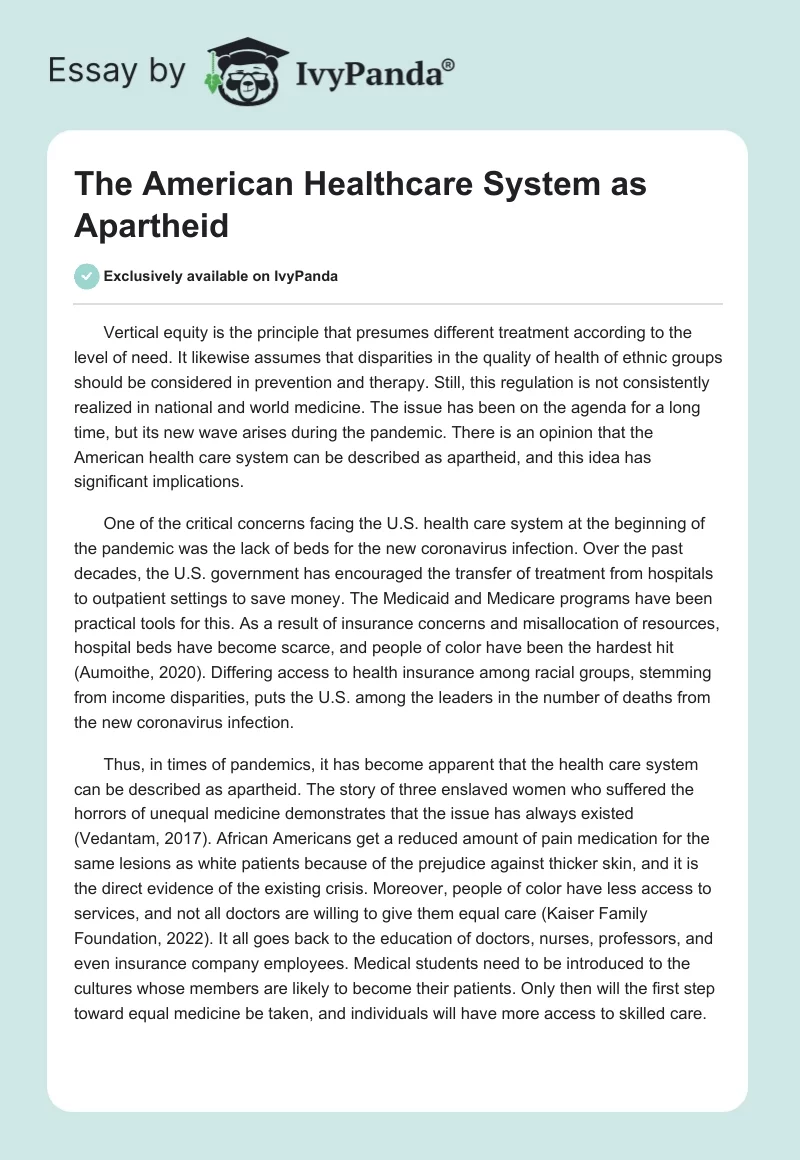 The American Healthcare System as Apartheid. Page 1