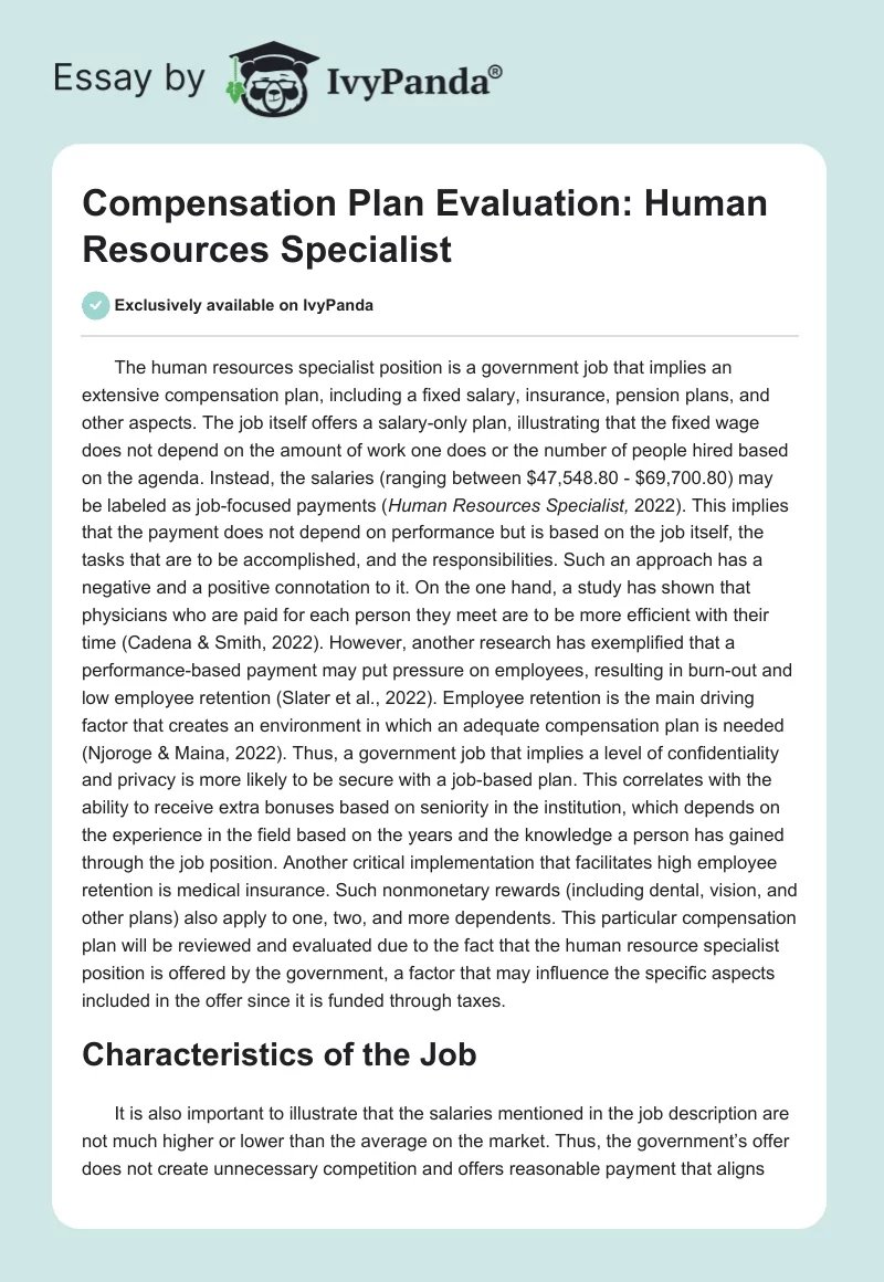 Compensation Plan Evaluation: Human Resources Specialist. Page 1