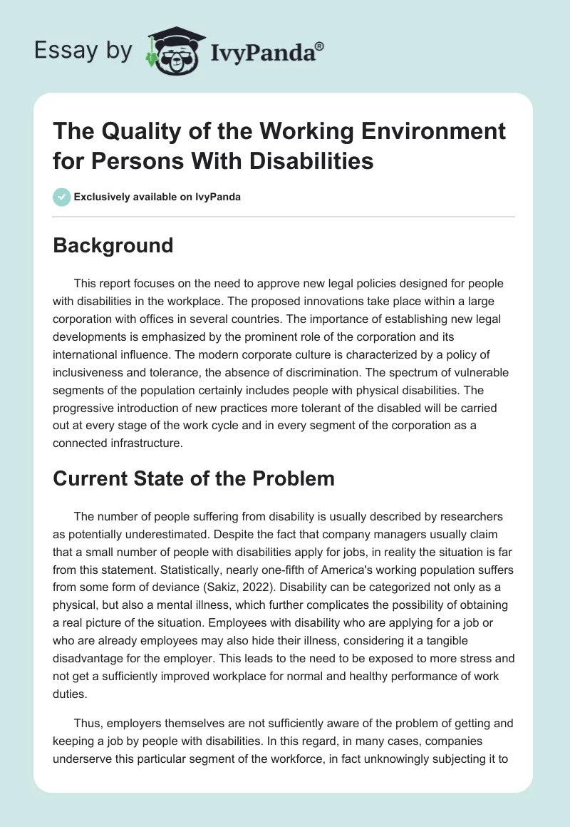 The Quality of the Working Environment for Persons With Disabilities. Page 1