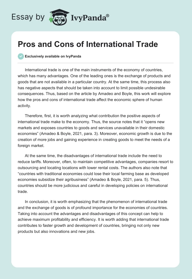 Pros and Cons of International Trade. Page 1