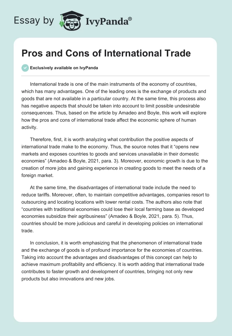 Pros And Cons Of International Trade 299 Words Article Example