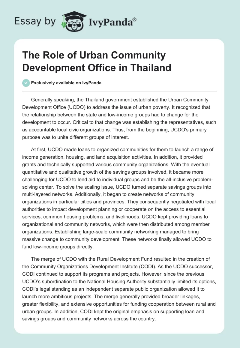 The Role of Urban Community Development Office in Thailand. Page 1