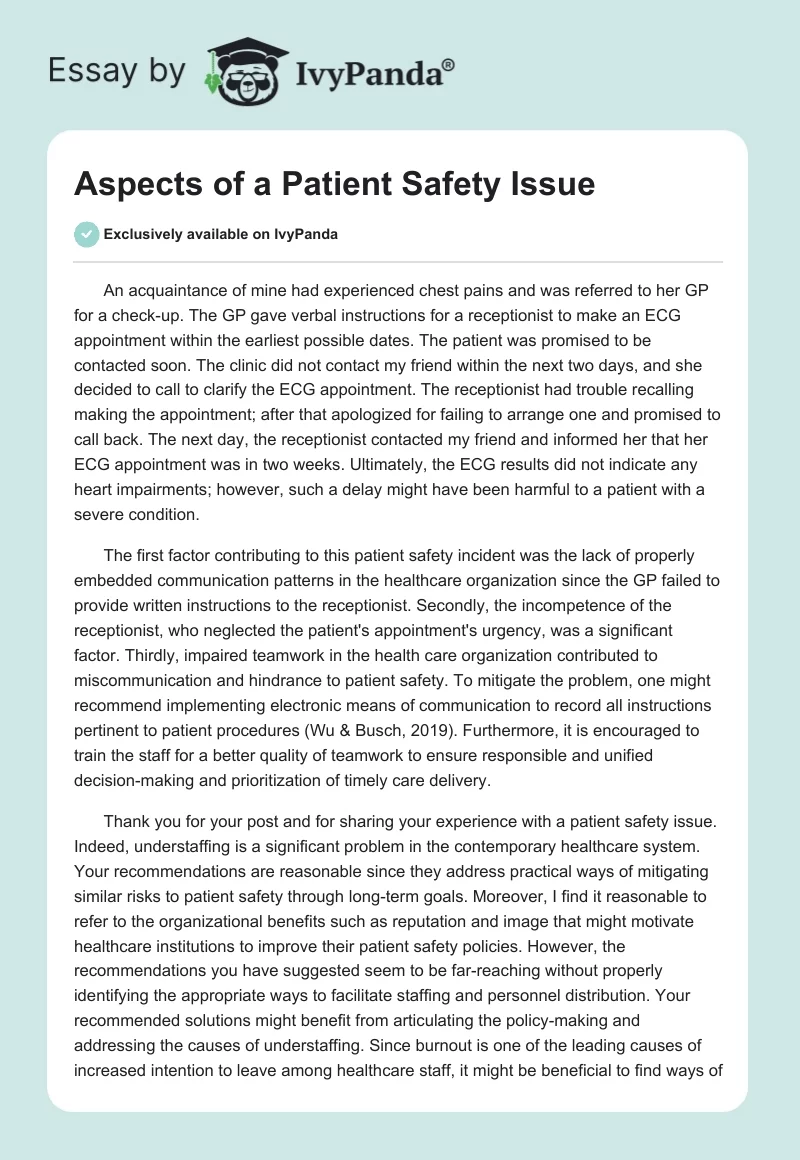 Aspects of a Patient Safety Issue. Page 1
