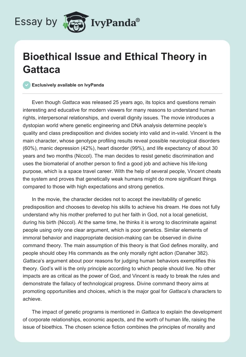 Bioethical Issue and Ethical Theory in "Gattaca". Page 1